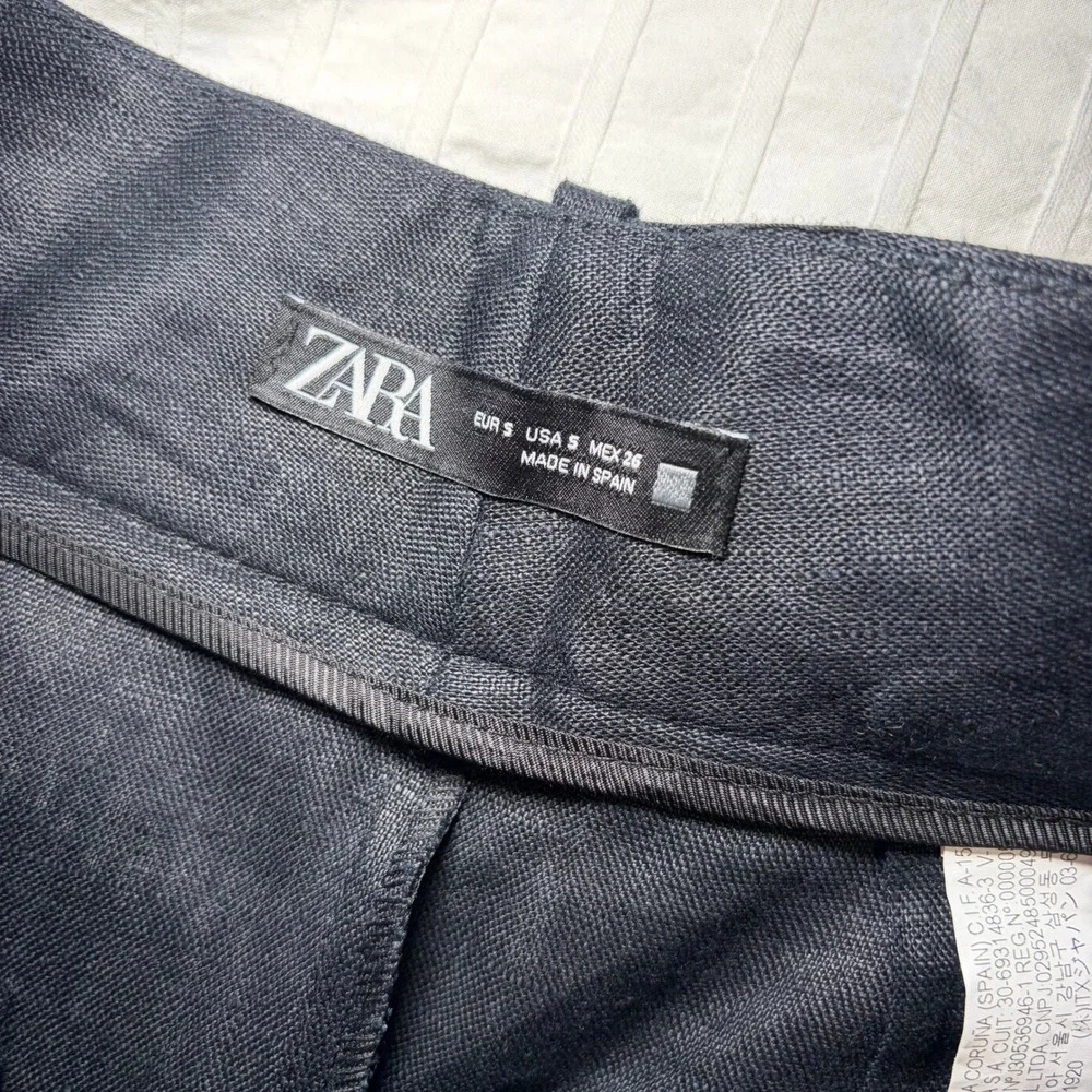Zara Linen Pants Womens‎ Small Black High Waisted Belted Tapered Trousers Spain